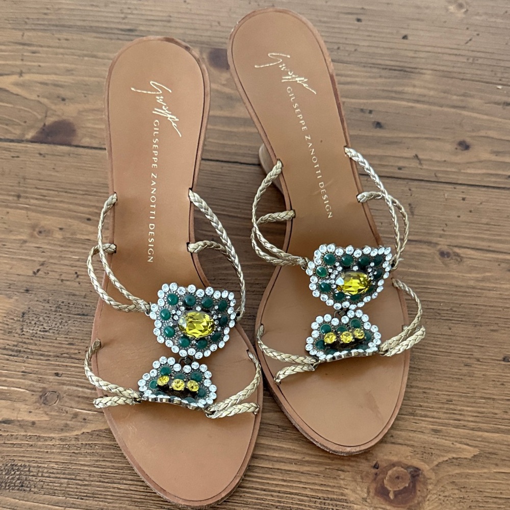 Giuseppe Zanotti Tan Sandals with Green and Gold Accents